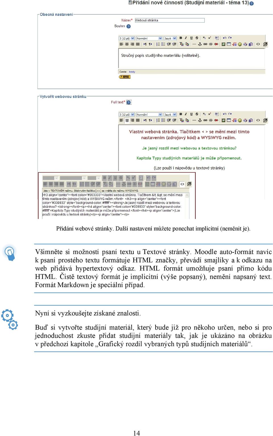 HTML formát umožňuje psaní přímo kódu HTML. Čistě textový formát je implicitní (výše popsaný), nemění napsaný text. Formát Markdown je speciální případ.