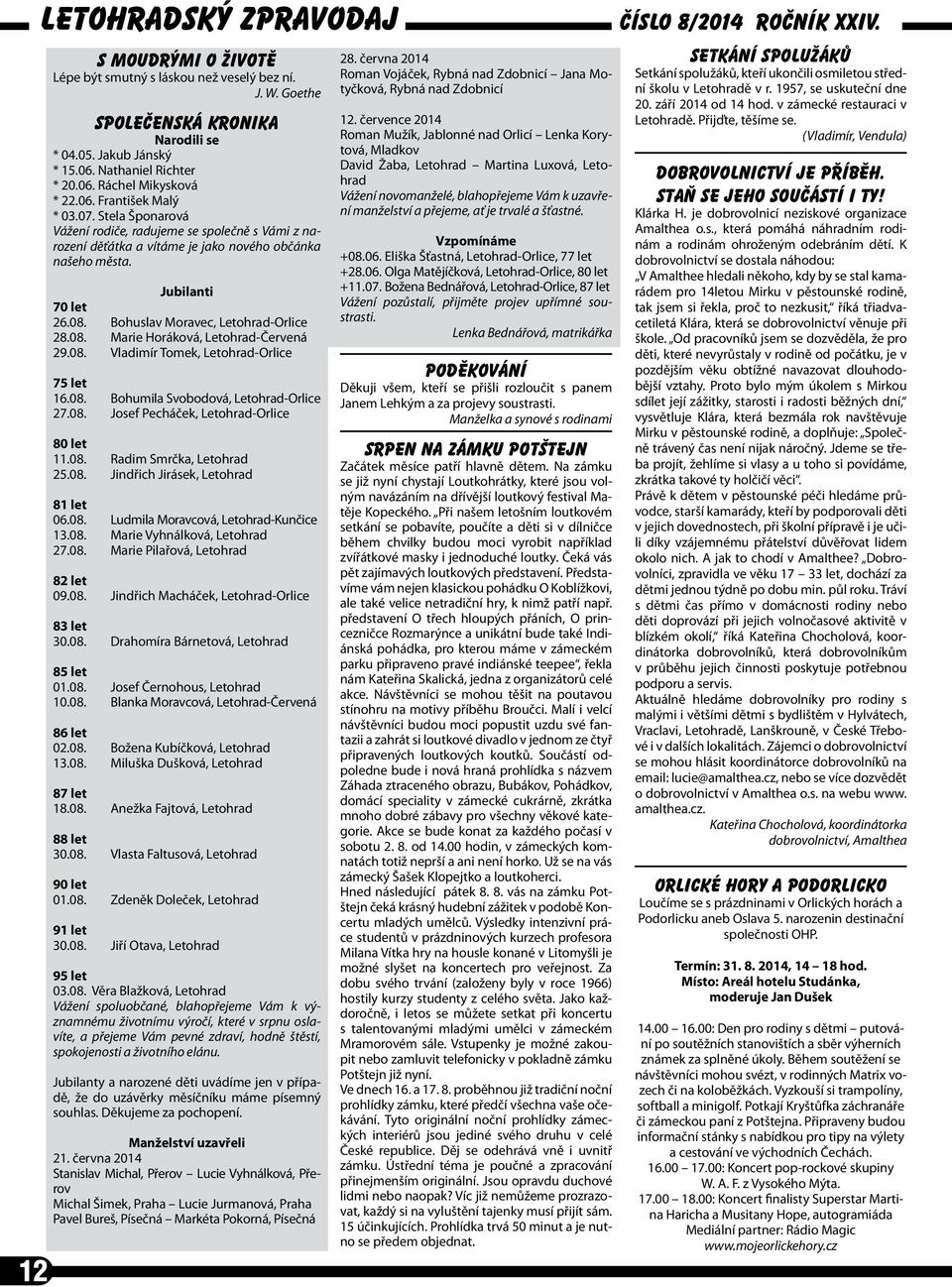 Bohuslav Moravec, Letohrad-Orlice 28.08. Marie Horáková, Letohrad-Červená 29.08. Vladimír Tomek, Letohrad-Orlice 75 let 16.08. Bohumila Svobodová, Letohrad-Orlice 27.08. Josef Pecháček, Letohrad-Orlice 80 let 11.