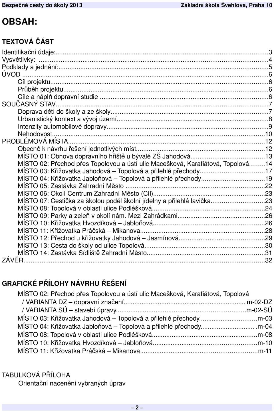 ..12 MÍSTO 01: Obnova dopravního hřiště u bývalé ZŠ Jahodová...13 MÍSTO 02: Přechod přes Topolovou a ústí ulic Macešková, Karafiátová, Topolová.