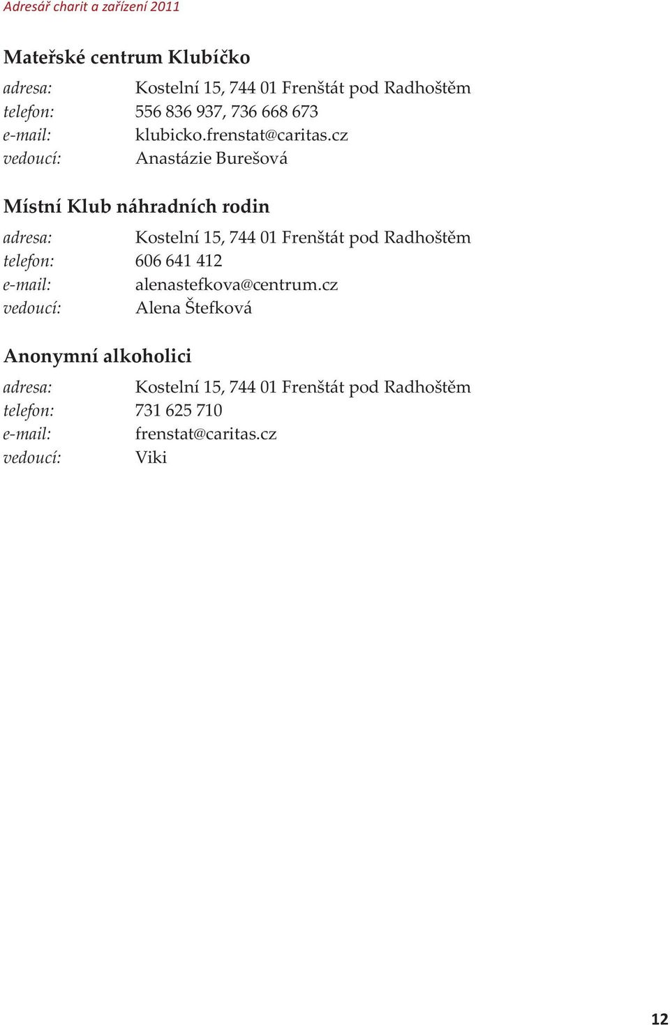 cz vedoucí: Anastázie Burešová Místní Klub náhradních rodin adresa: Kostelní 15, 744 01 Frenštát pod Radhoštìm telefon: 606