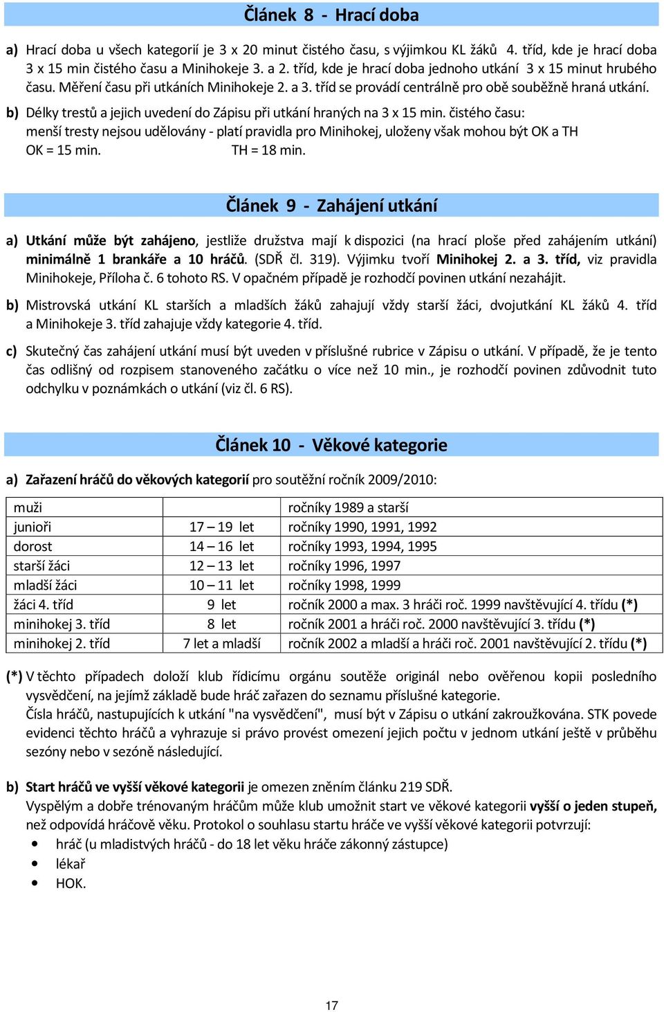 b) Délky trestů a jejich uvedení do Zápisu při utkání hraných na 3 x 15 min. čistého času: menší tresty nejsou udělovány - platí pravidla pro Minihokej, uloženy však mohou být OK a TH OK = 15 min.