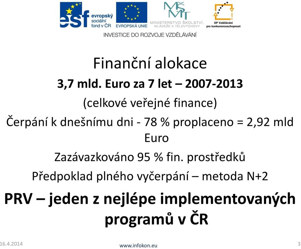 dnešnímu dni - 78 % proplaceno = 2,92 mld Euro Zazávazkováno 95