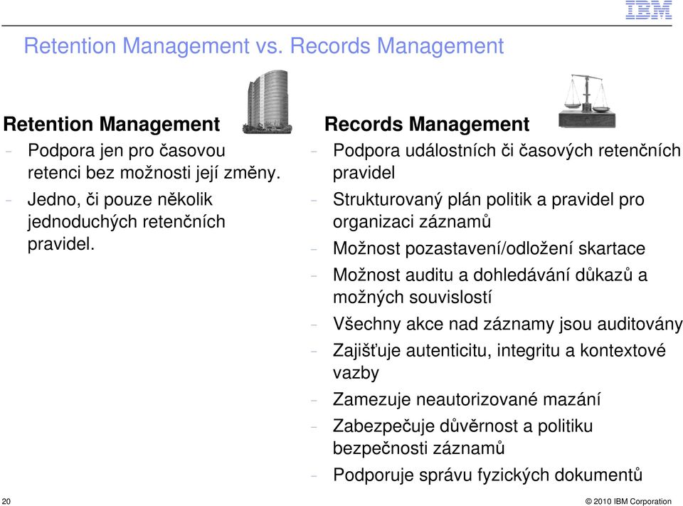 Records Management - Podpora událostních či časových retenčních pravidel - Strukturovaný plán politik a pravidel pro organizaci záznamů - Možnost