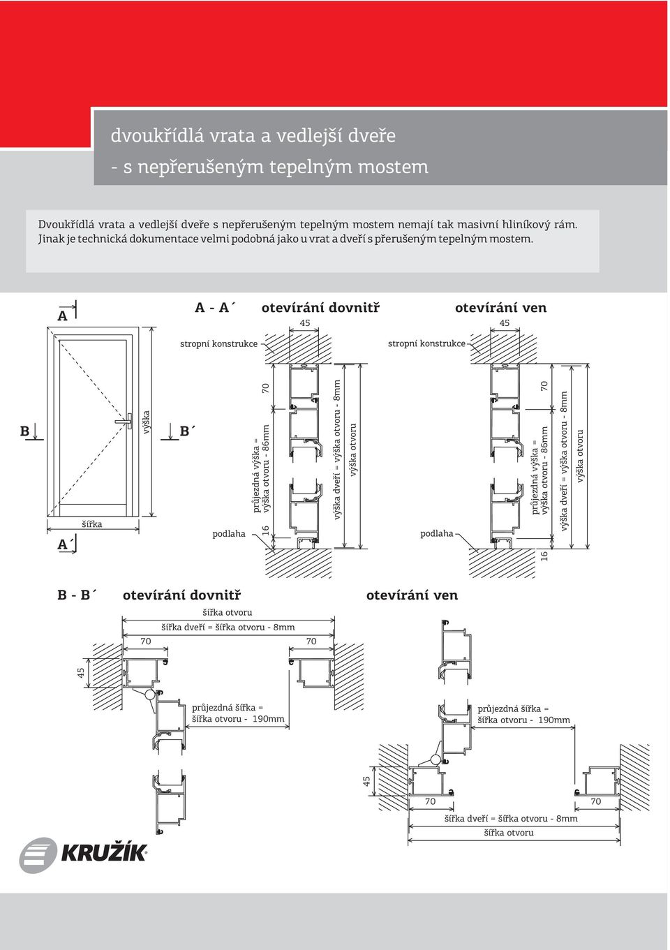 A A - A otevírání dovnitř otevírání ven 45 45 stropní konstrukce stropní konstrukce B B A šířka podlaha průjezdná výška = 16 výška otvoru - 86mm výška dveří = výška otvoru - 8mm výška otvoru