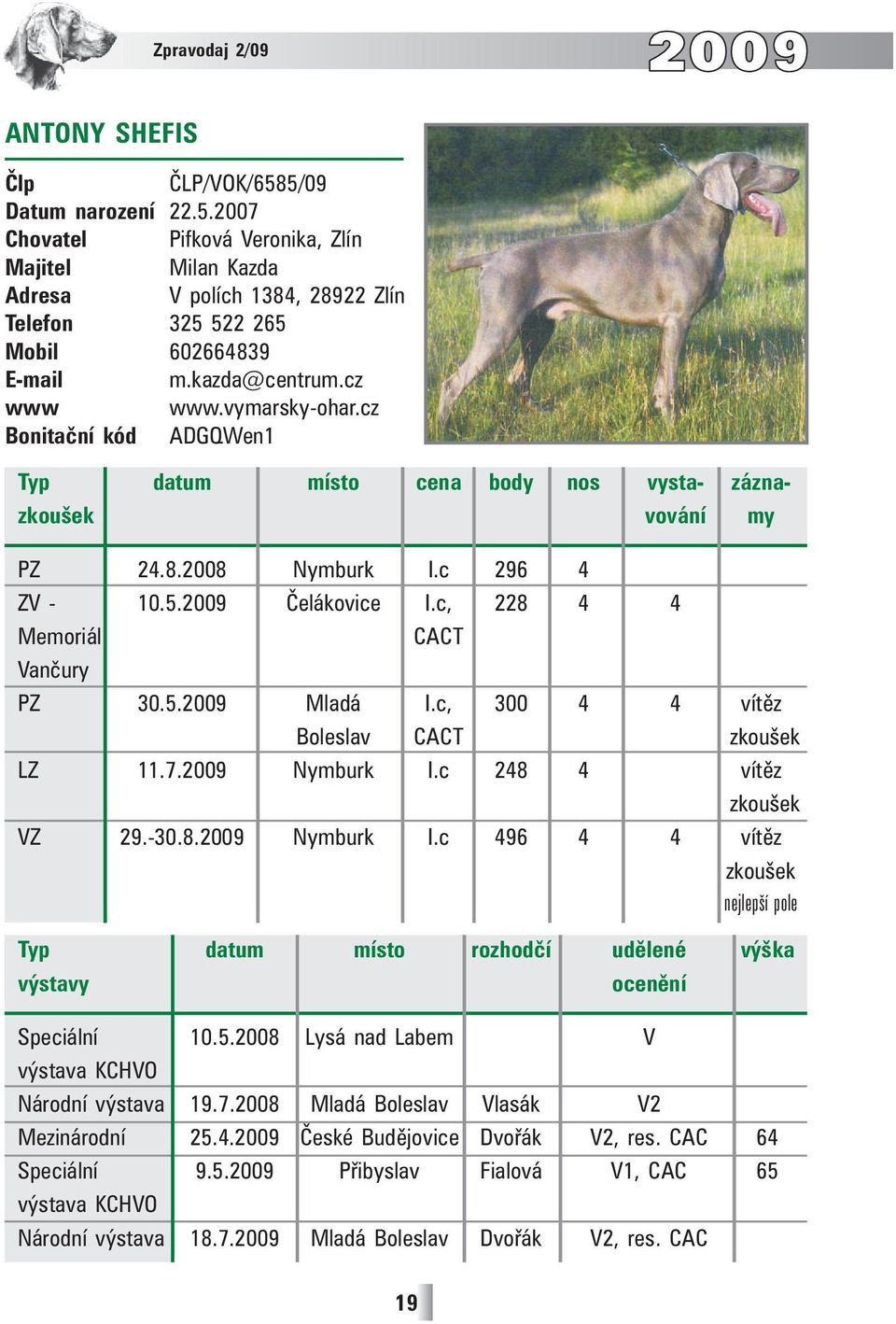 c, 228 4 4 Memoriál CACT Vančury PZ 30.5.2009 Mladá I.c, 300 4 4 vítěz Boleslav CACT zkoušek LZ 11.7.2009 Nymburk I.