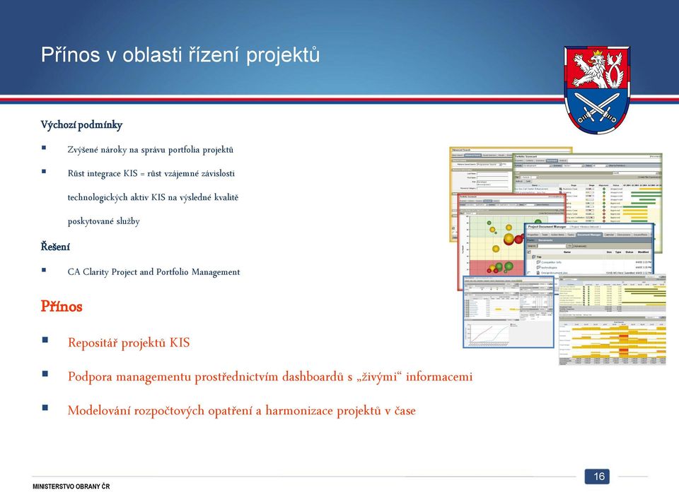 služby Řešení CA Clarity Project and Portfolio Management Přínos Repositář projektů KIS Podpora