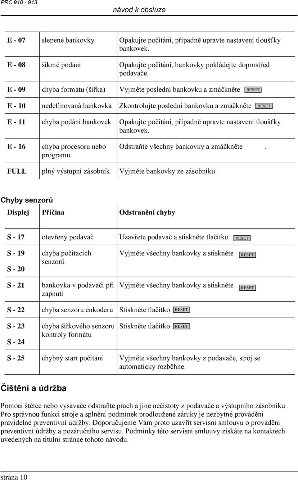 E - 11 chyba podání bankovek Opakujte počítání, případně upravte nastavení tloušťky bankovek. E - 16 chyba procesoru nebo programu. Odstraňte všechny bankovky a zmáčkněte.