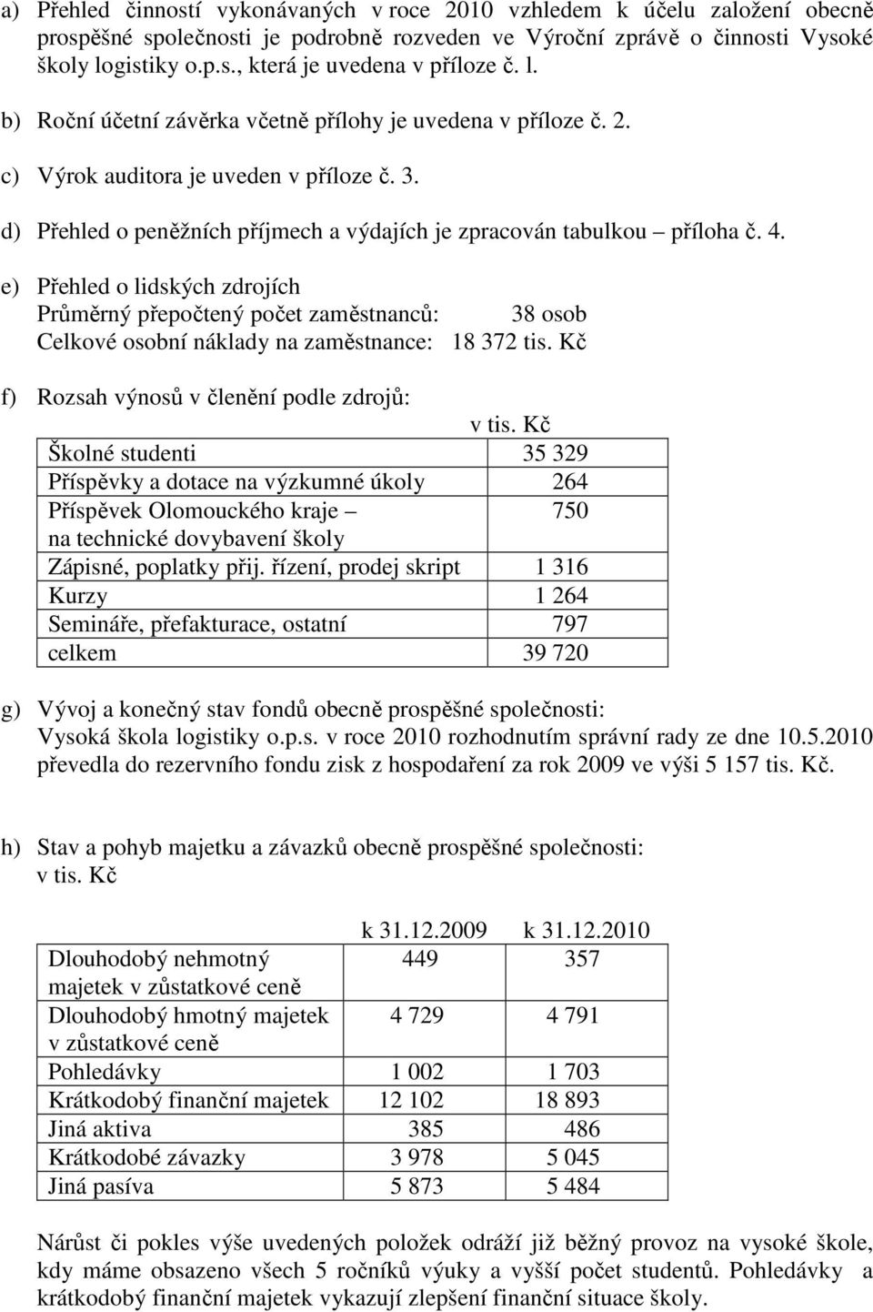 e) Přehled o lidských zdrojích Průměrný přepočtený počet zaměstnanců: 38 osob Celkové osobní náklady na zaměstnance: 18 372 tis. Kč f) Rozsah výnosů v členění podle zdrojů: v tis.