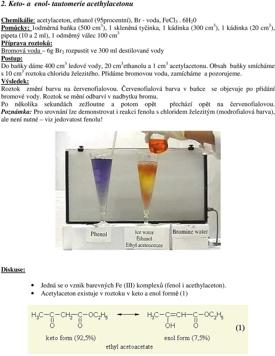 rozpustit ve 300 ml destilované vody Do baňky dáme 400 cm 3 ledové vody, 20 cm 3 ethanolu a 1 cm 3 acetylacetonu. Obsah baňky smícháme s 10 cm 3 roztoku chloridu železitého.