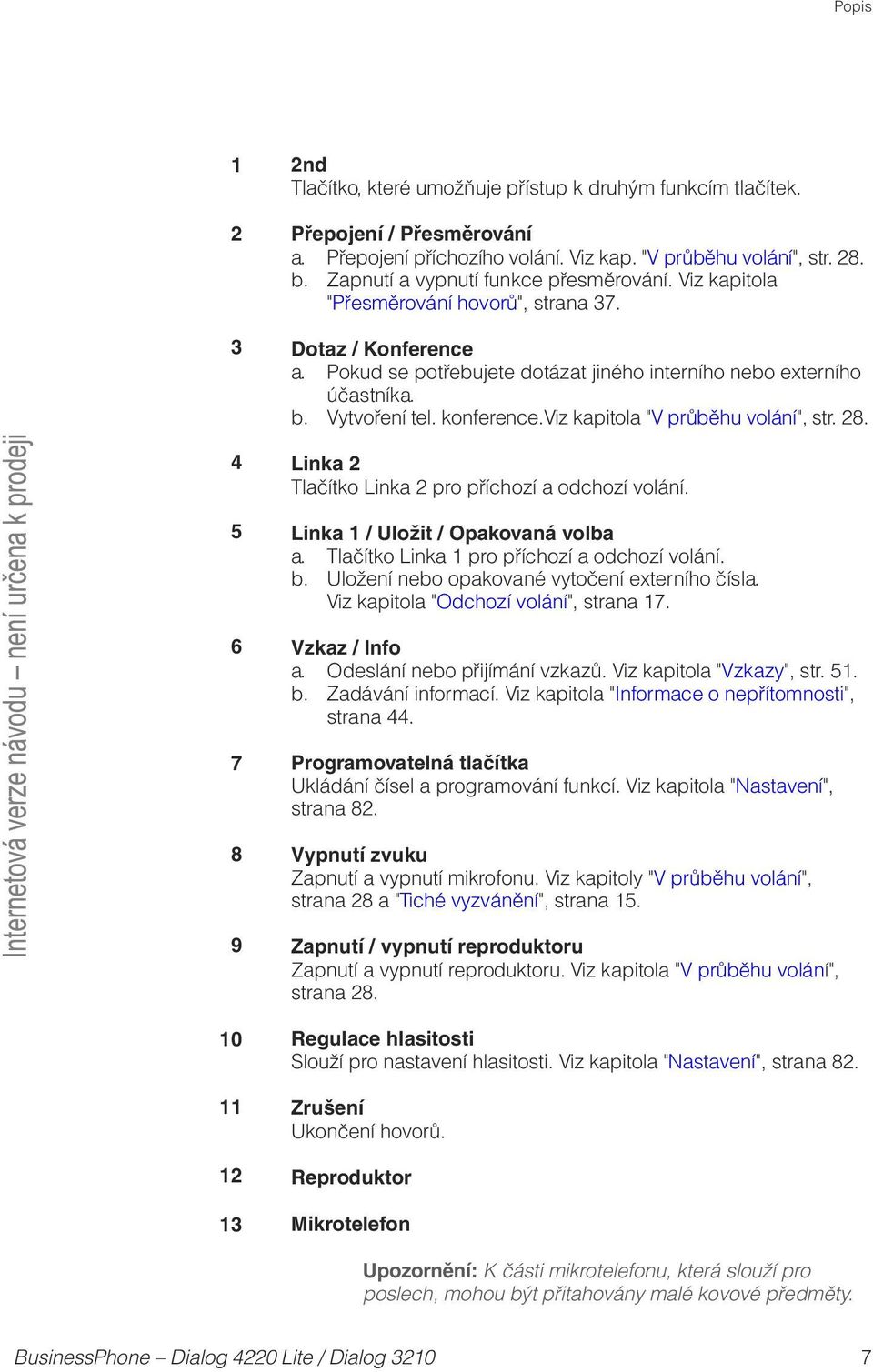 konference.viz kapitola " V průběhu volání", str. 28. Linka 2 Tlačítko Linka 2 pro příchozí a odchozí volání. Linka 1 / Uložit / Opakovaná volba a. Tlačítko Linka 1 pro příchozí a odchozí volání. b.