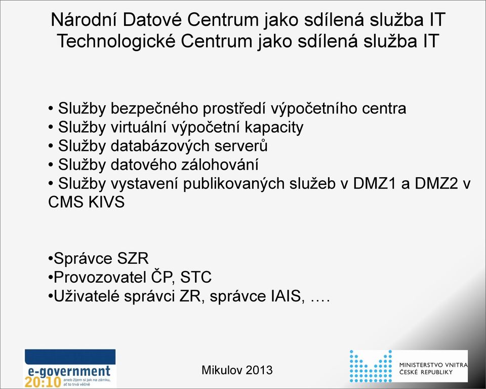 databázových serverů Služby datového zálohování Služby vystavení publikovaných služeb v