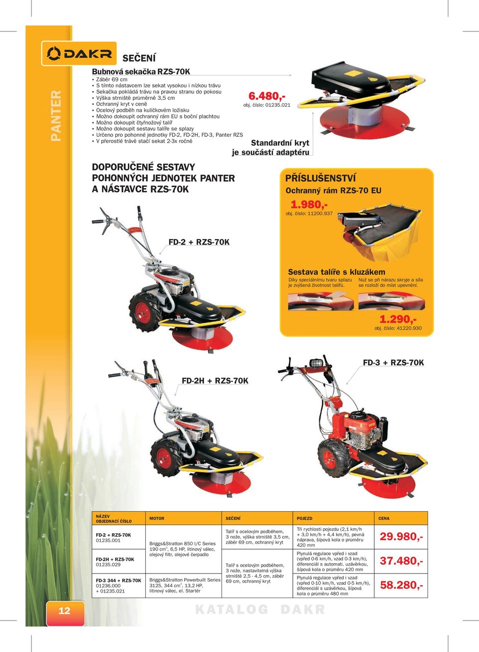 FD-, Panter RZS V přerostlé trávě stačí sekat 2-x ročně DOPORUČ ENÉ SESTAVY POHONN ÝCH JEDNOTEK PANTE R A NÁSTA VC E RZS-70K 6.480,- obj. číslo: 0125.