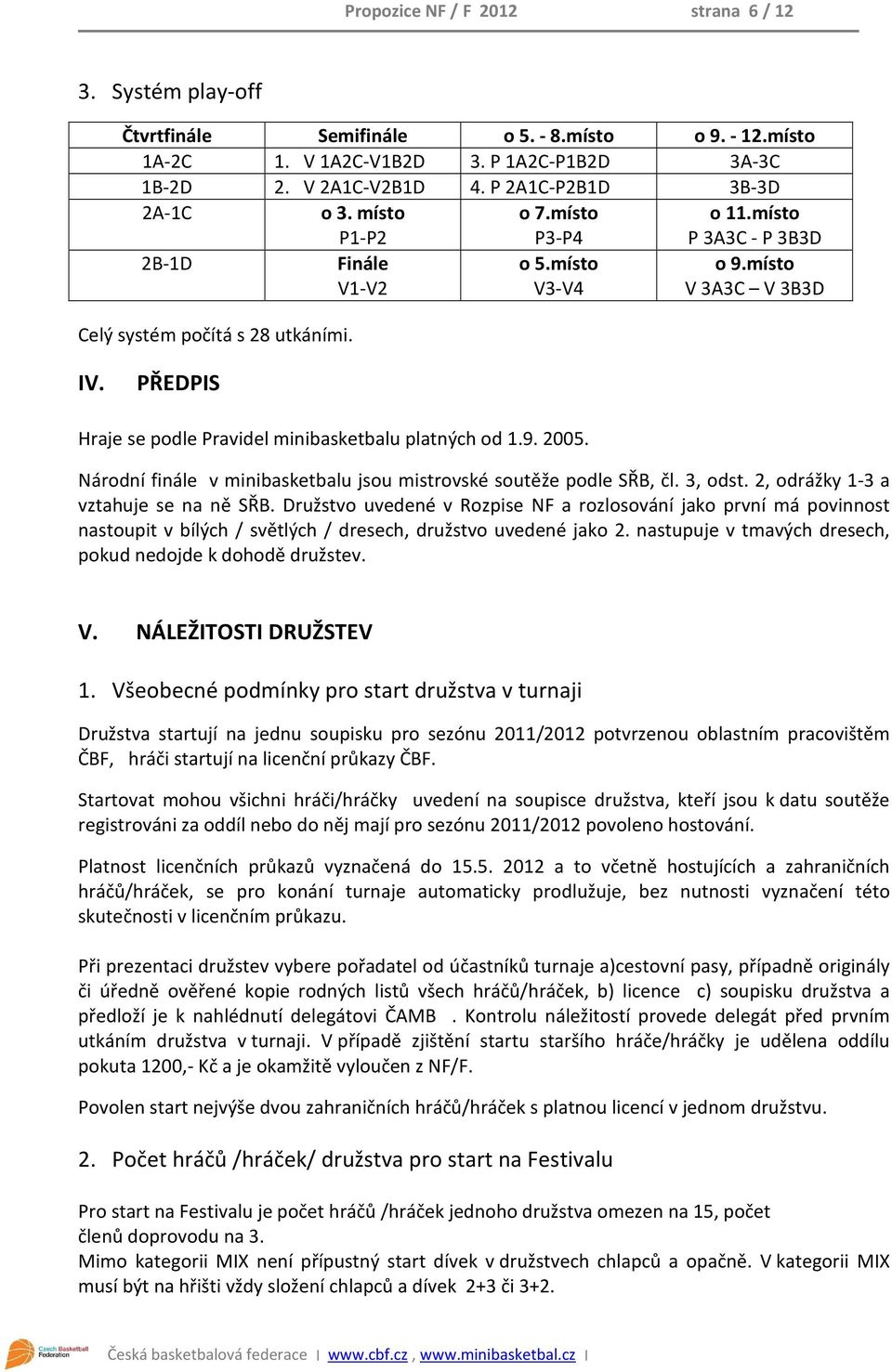 místo V3-V4 Hraje se podle Pravidel minibasketbalu platných od 1.9. 2005. P 3A3C - P 3B3D o 9.místo V 3A3C V 3B3D Národní finále v minibasketbalu jsou mistrovské soutěže podle SŘB, čl. 3, odst.