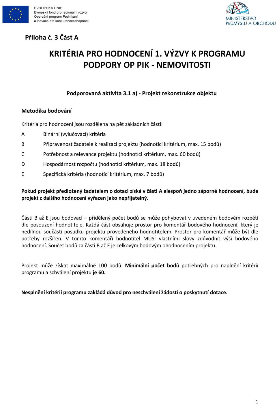 (hodnotící kritérium, max. 15 bodů) C Potřebnost a relevance projektu (hodnotící kritérium, max. 60 bodů) D Hospodárnost rozpočtu (hodnotící kritérium, max.