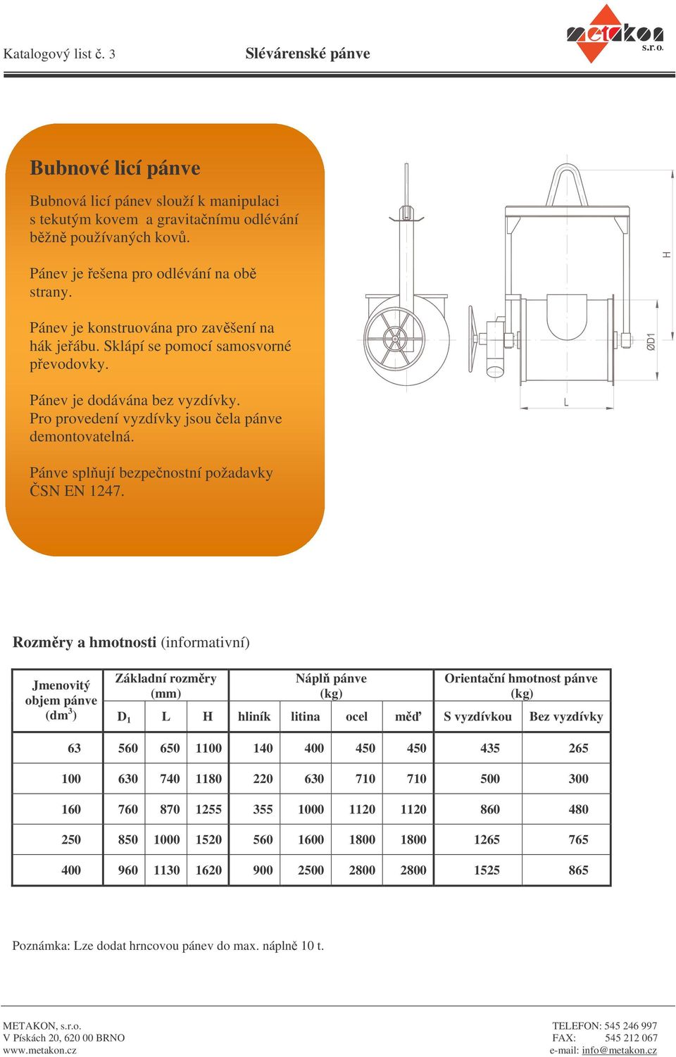 Nápl pánve Orientaní hmotnost pánve (dm 3 ) D 1 L H hliník litina ocel m S vyzdívkou Bez vyzdívky 63 560 650 1100 140 400 450 450 435 265 100 630 740 1180 220 630 710 710 500 300 160 760