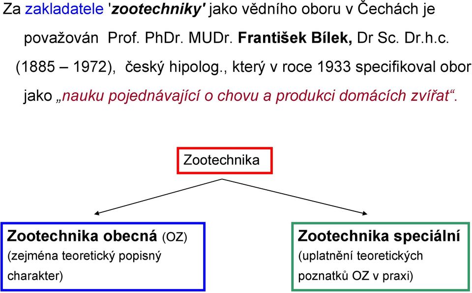 , který v roce 1933 specifikoval obor jako nauku pojednávající o chovu a produkci domácích zvířat.