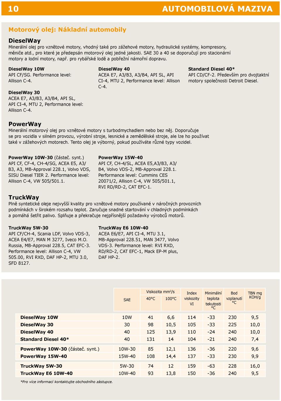 Performance level: Allison C-4. DieselWay 30 ACEA E7, A3/B3, A3/B4, API SL, API CI-4, MTU 2, Performance level: Allison C-4.