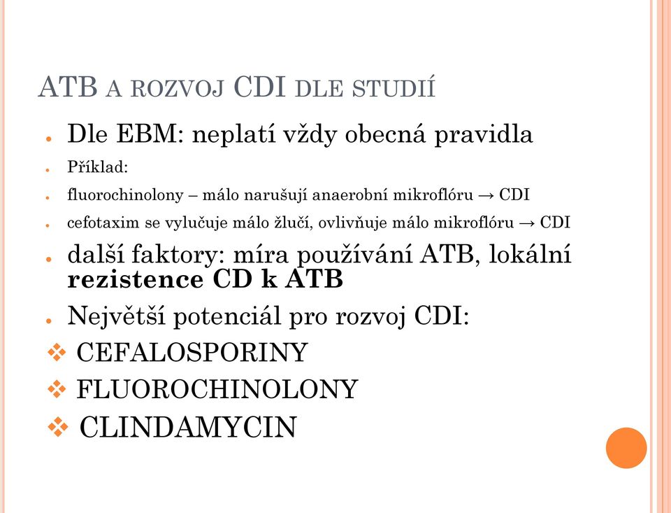 žlučí, ovlivňuje málo mikroflóru CDI další faktory: míra používání ATB, lokální