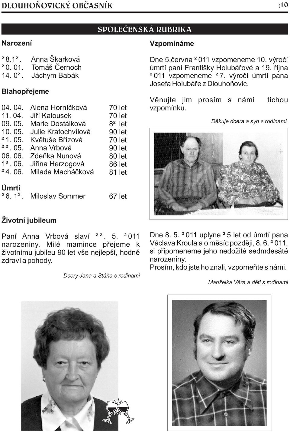 Miloslav Sommer 70 let 70 let 82 let 90 let 70 let 90 let 80 let 86 let 81 let 67 let Dne 5.èervna 2011 vzpomeneme 10. výroèí úmrtí paní Františky Holubáøové a 19. øíjna 2011 vzpomeneme 27.