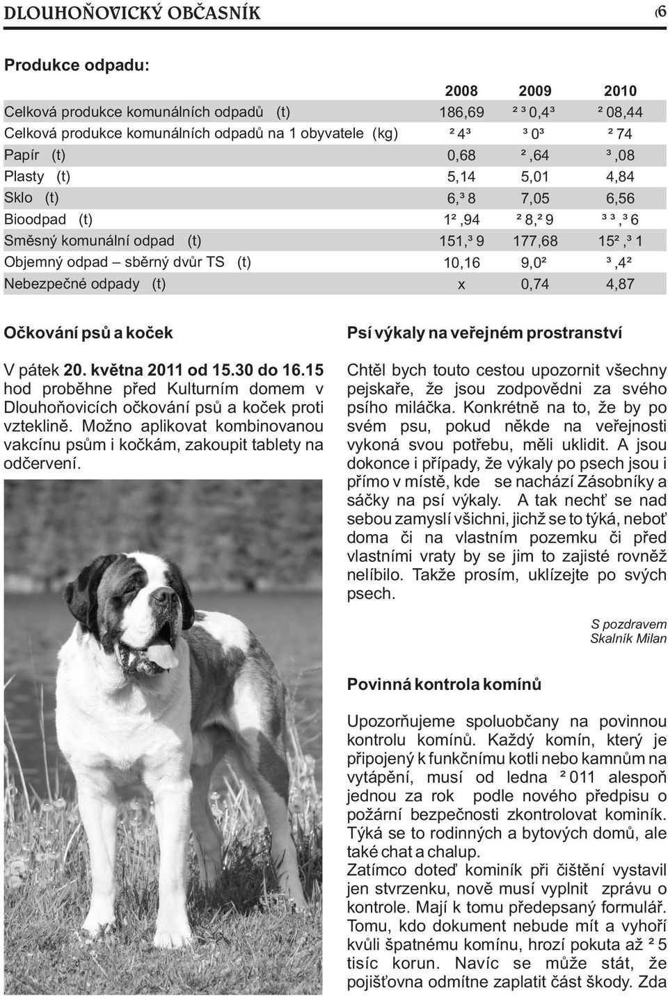6,56 33,36 152,31 3,42 4,87 Oèkování psù a koèek V pátek 20. kvìtna 2011 od 15.30 do 16.15 hod probìhne pøed Kulturním domem v Dlouhoòovicích oèkování psù a koèek proti vzteklinì.