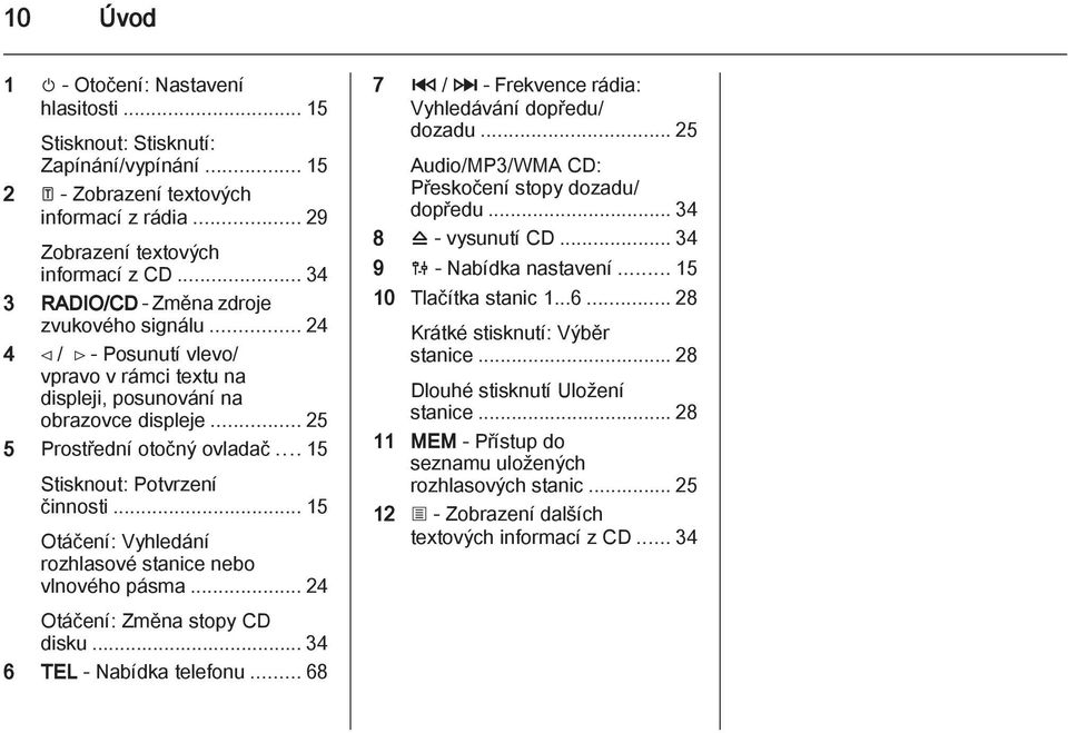 .. 15 Stisknout: Potvrzení činnosti... 15 Otáčení: Vyhledání rozhlasové stanice nebo vlnového pásma... 24 Otáčení: Změna stopy CD disku... 34 6 TEL - Nabídka telefonu.