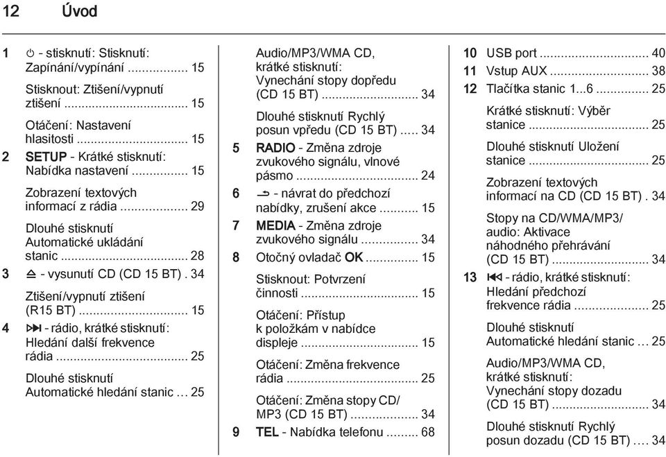 .. 15 4 3 - rádio, krátké stisknutí: Hledání další frekvence rádia... 25 Dlouhé stisknutí Automatické hledání stanic... 25 Audio/MP3/WMA CD, krátké stisknutí: Vynechání stopy dopředu (CD 15 BT).