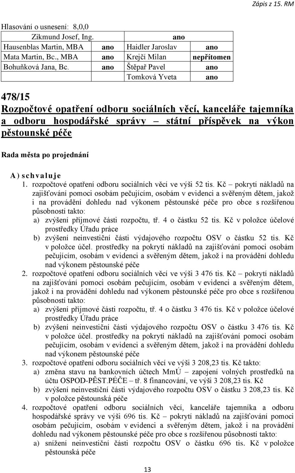 rozpočtové opatření odboru sociálních věcí ve výši 52 tis.