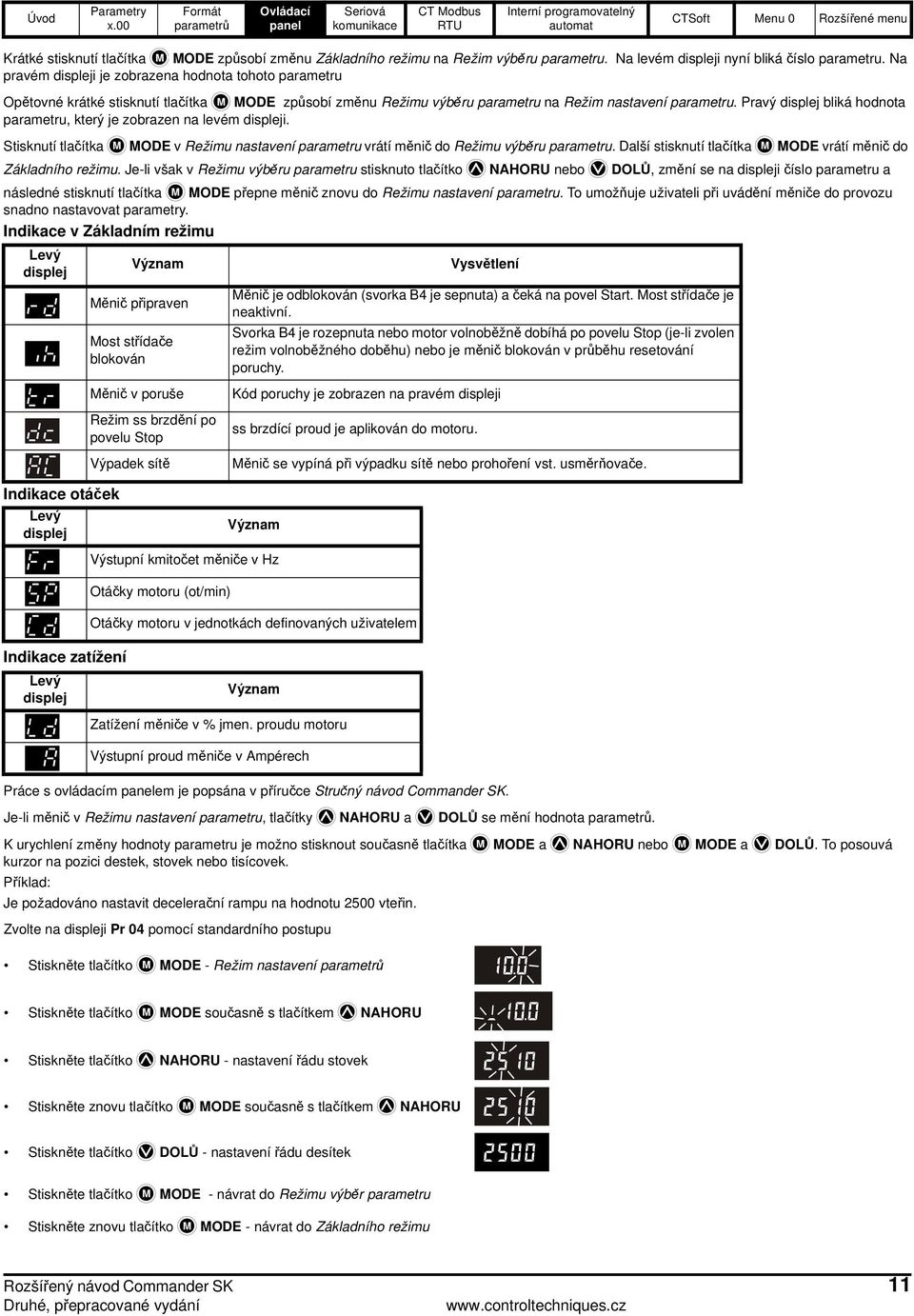 Pravý displej bliká hodnota parametru, který je zobrazen na levém displeji. Stisknutí tlačítka M MODE v Režimu nastavení parametru vrátí měnič do Režimu výběru parametru.