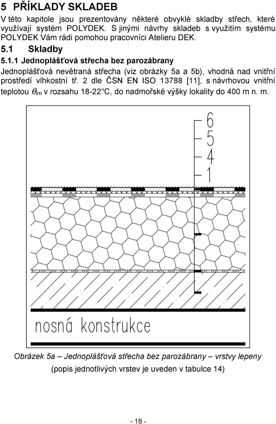 Skladby 5.1.1 Jednoplášťová střecha bez parozábrany Jednoplášťová nevětraná střecha (viz obrázky 5a a 5b), vhodná nad vnitřní prostředí vlhkostní tř.