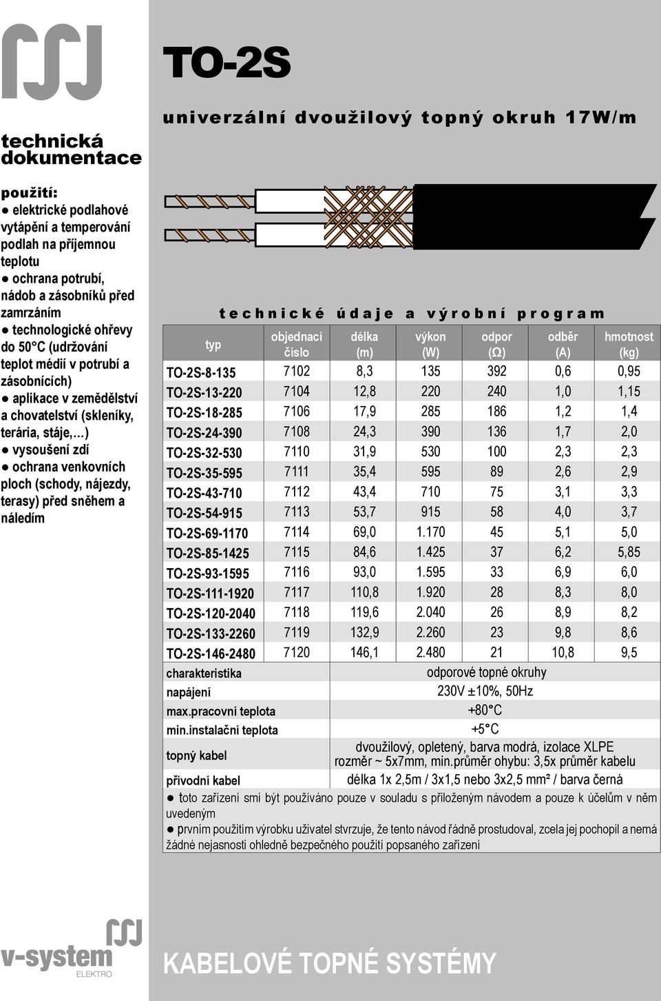 univerzální dvoužilový topný okr uh 17W/m typ t e c h n i c k é ú d a j e a v ý r o b n í p r o g r a m objednací číslo délka (m) výkon (W) odpor (Ω) odběr (A) hmotnost (kg) TO-2S-8-135 7102 8,3 135