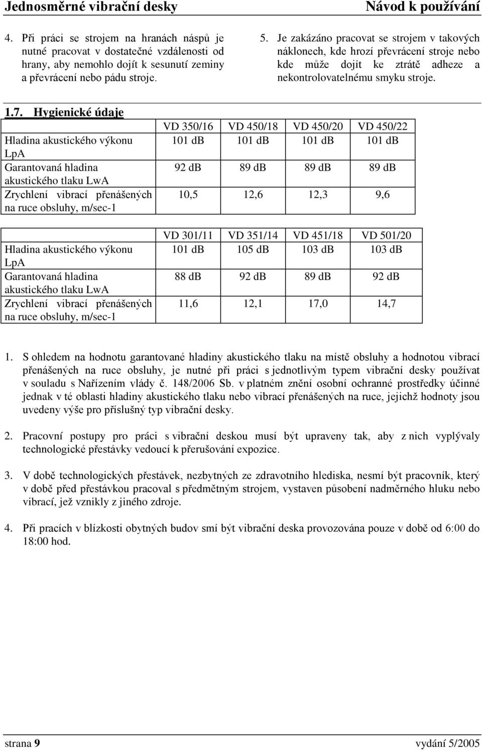 Hygienické údaje Hladina akustického výkonu LpA Garantovaná hladina akustického tlaku LwA Zrychlení vibrací přenášených na ruce obsluhy, m/sec-1 Hladina akustického výkonu LpA Garantovaná hladina