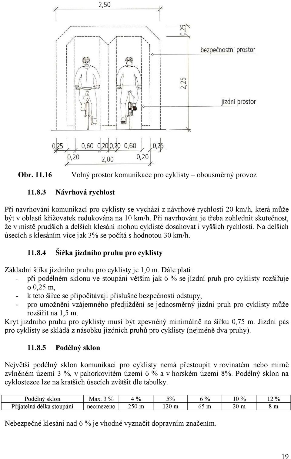 Při navrhování je třeba zohlednit skutečnost, že v místě prudších a delších klesání mohou cyklisté dosahovat i vyšších rychlostí.