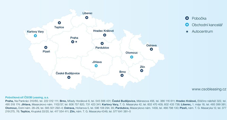 386 116 611; Hradec Králové, Eliščino nábřeží 322, tel. 495 518 174; Jihlava, Masarykovo nám. 1102/37, tel. 606 757 820, 731 423 341; Karlovy Vary, T. G. Masaryka 42, tel.