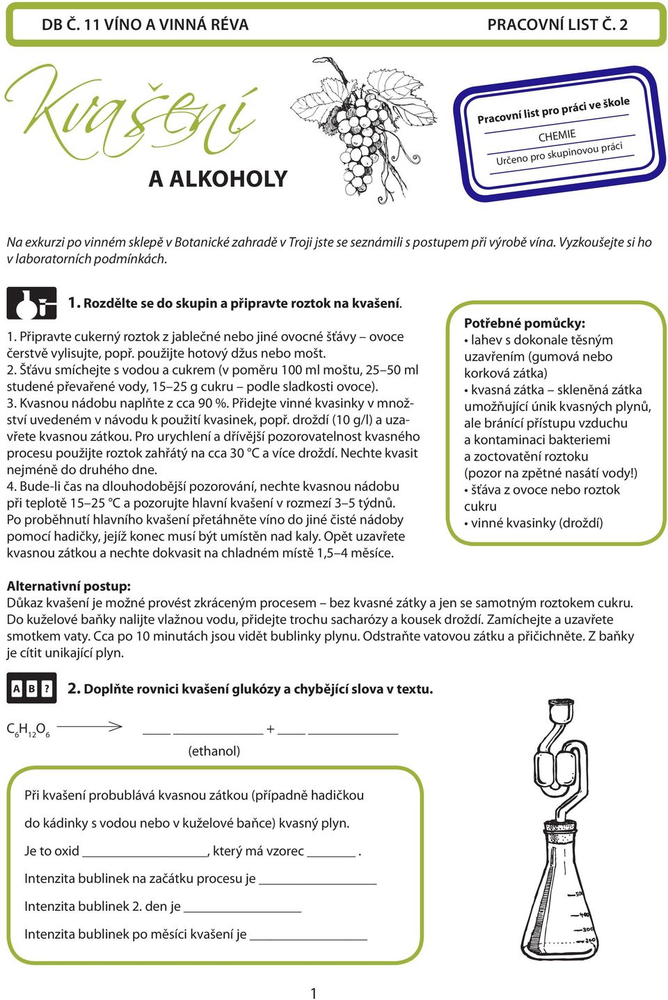 Vyzkoušejte si ho v laboratorních podmínkách. 1. Rozdělte se do skupin a připravte roztok na kvašení. 1. Připravte cukerný roztok z jablečné nebo jiné ovocné šťávy ovoce čerstvě vylisujte, popř.