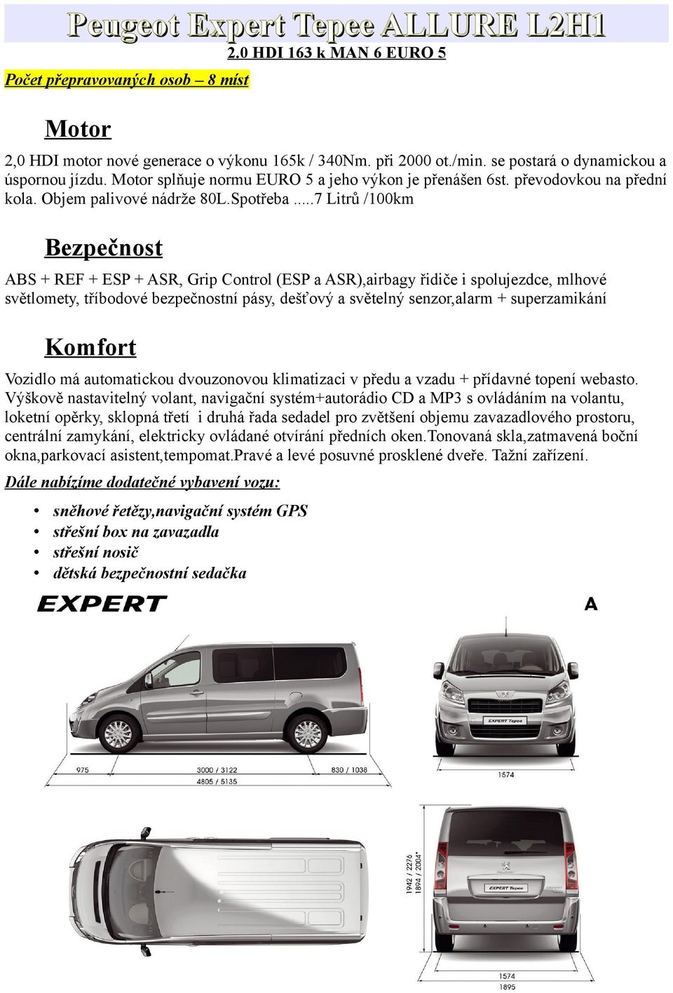 ..7 Litrů /100km Bezpečnost ABS + REF + ESP + ASR, Grip Control (ESP a ASR),airbagy řidiče i spolujezdce, mlhové světlomety, tříbodové bezpečnostní pásy, dešťový a světelný senzor,alarm +