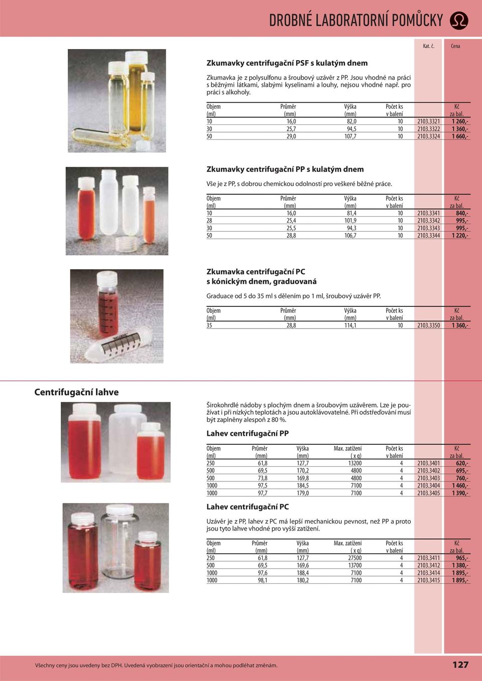 3324 1 660,- Zkumavky centrifugační PP s kulatým dnem Vše je z PP, s dobrou chemickou odolností pro veškeré běžné práce. () () () Počet ks v balení za bal. 10 16,0 81,4 10 2103.