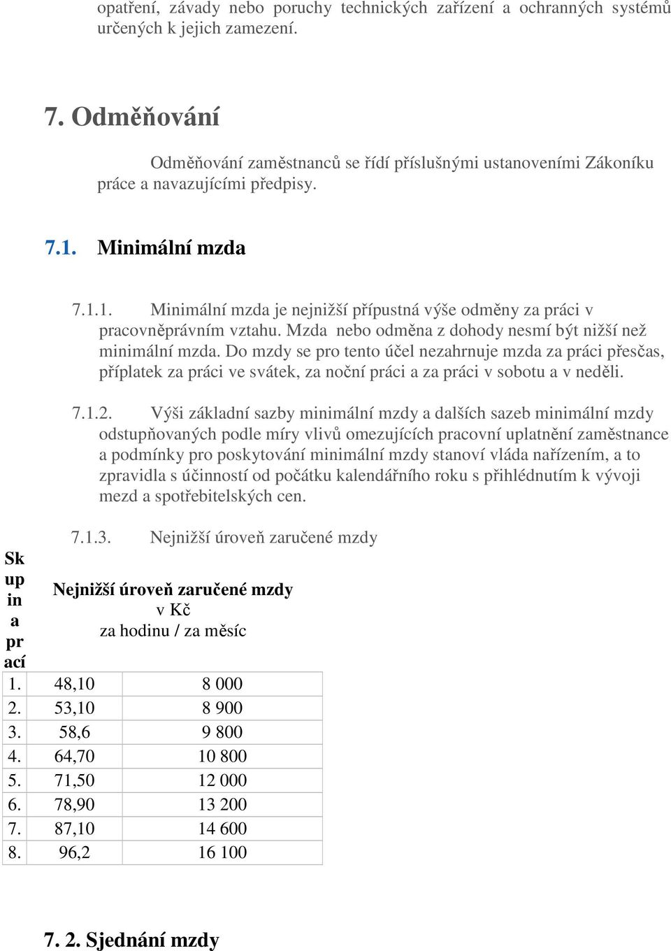 Mzda nebo odměna z dohody nesmí být nižší než minimální mzda. Do mzdy se pro tento účel nezahrnuje mzda za práci přesčas, příplatek za práci ve svátek, za noční práci a za práci v sobotu a v neděli.