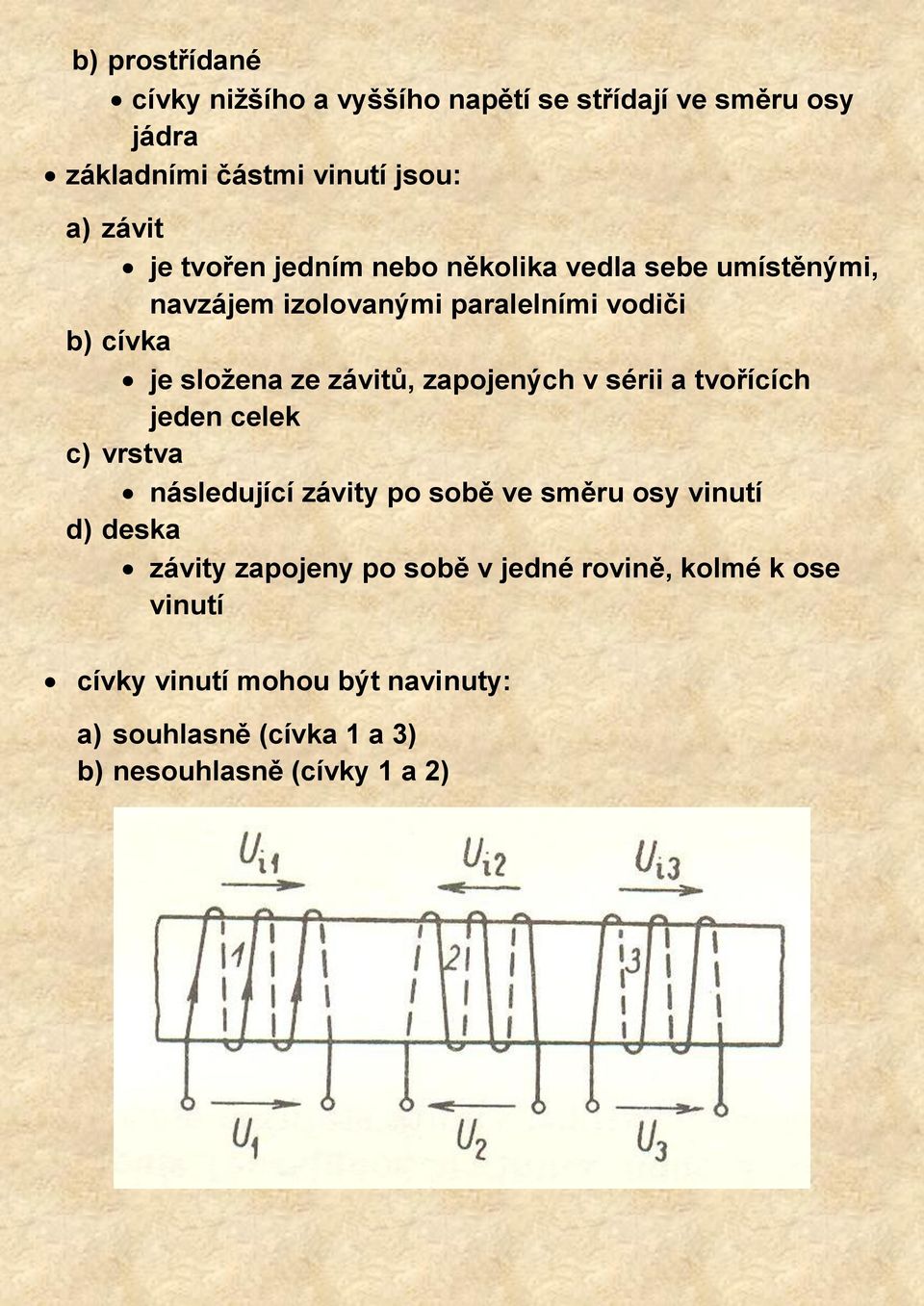 zapojených v sérii a tvořících jeden celek c) vrstva následující závity po sobě ve směru osy vinutí d) deska závity zapojeny