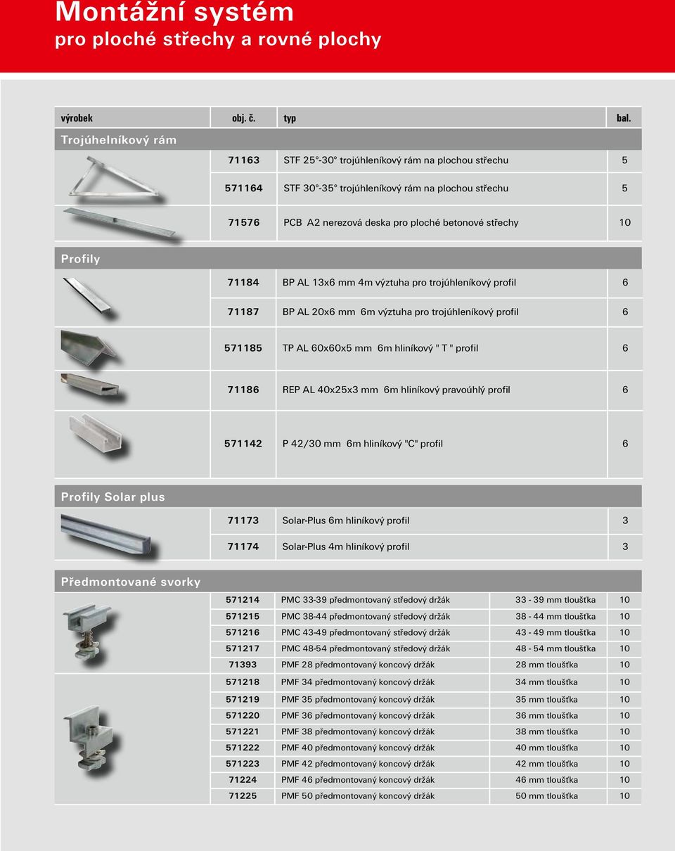 71184 BP AL 13x6 mm 4m výztuha pro trojúhleníkový profil 6 71187 BP AL 20x6 mm 6m výztuha pro trojúhleníkový profil 6 571185 TP AL 60x60x5 mm 6m hliníkový " T " profil 6 71186 REP AL 40x25x3 mm 6m