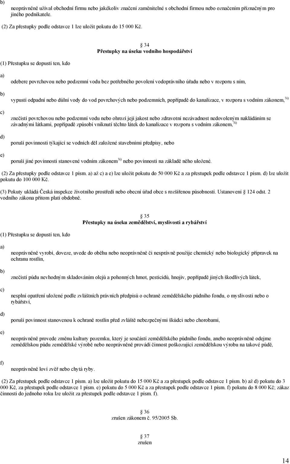 34 Přestupky na úseku vodního hospodářství e) odebere povrchovou nebo podzemní vodu bez potřebného povolení vodoprávního úřadu nebo v rozporu s ním, vypustí odpadní nebo důlní vody do vod povrchových