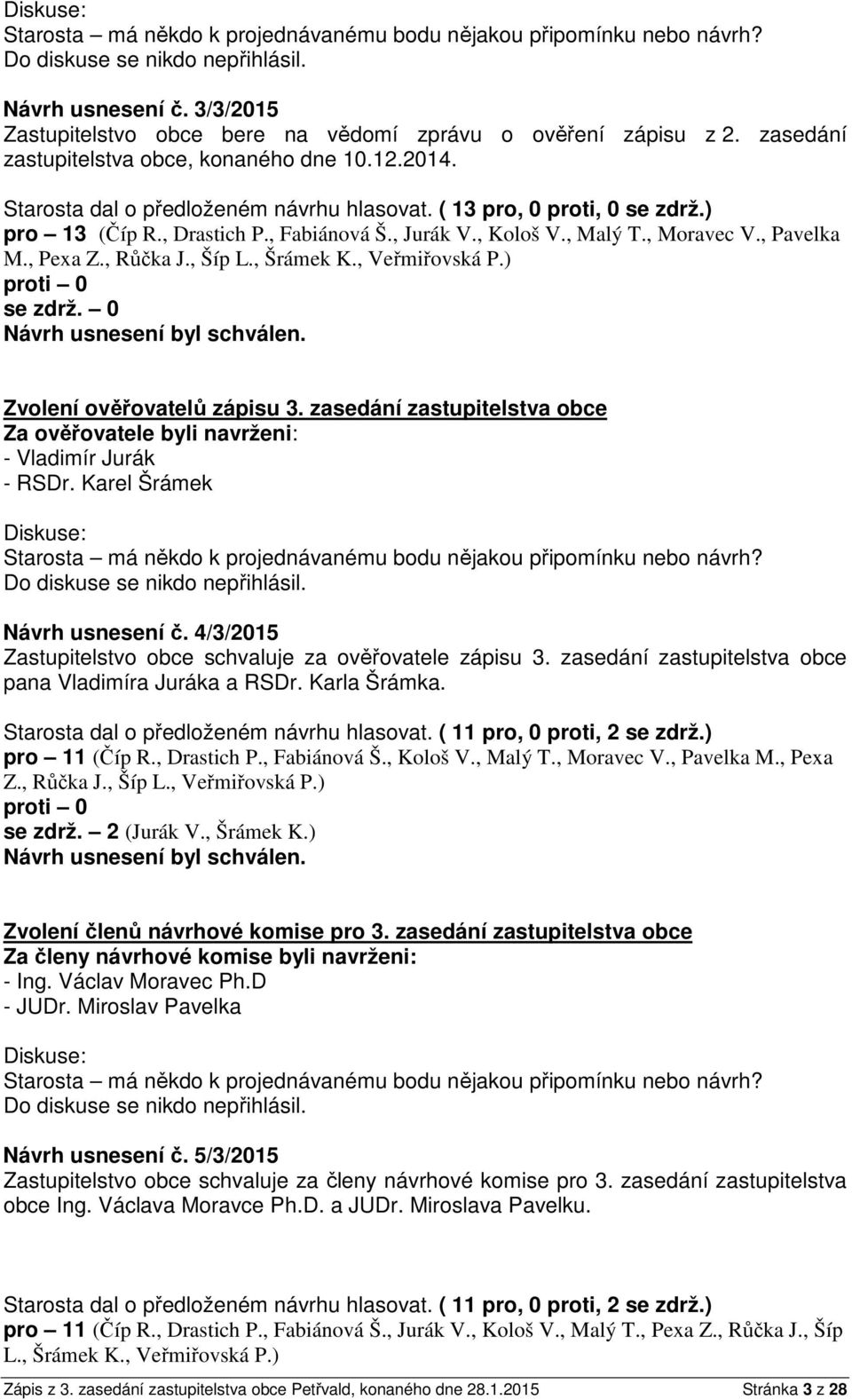 ( 13 pro, 0 proti, 0 se zdrž.) pro 13 (Číp R., Drastich P., Fabiánová Š., Jurák V., Kološ V., Malý T., Moravec V., Pavelka M., Pexa Z., Růčka J., Šíp L., Šrámek K., Veřmiřovská P.) se zdrž.