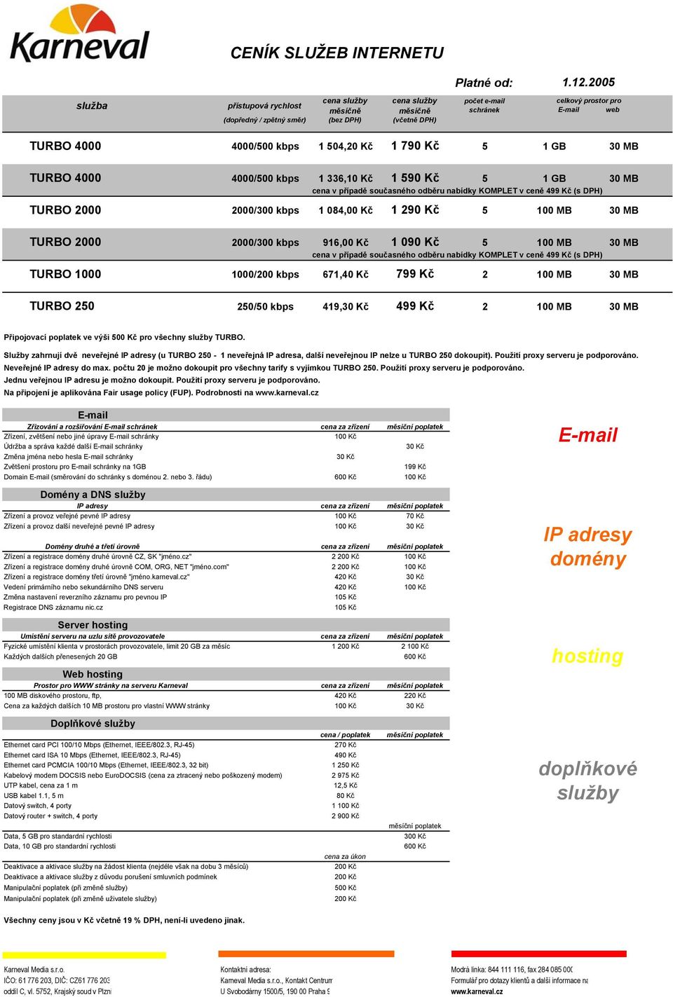 Kč 1 790 Kč 5 1 GB 30 MB TURBO 4000 4000/500 kbps 1 336,10 Kč 1 590 Kč 5 1 GB 30 MB cena v případě současného odběru nabídky KOMPLET v ceně 499 Kč (s DPH) TURBO 2000 2000/300 kbps 1 084,00 Kč 1 290