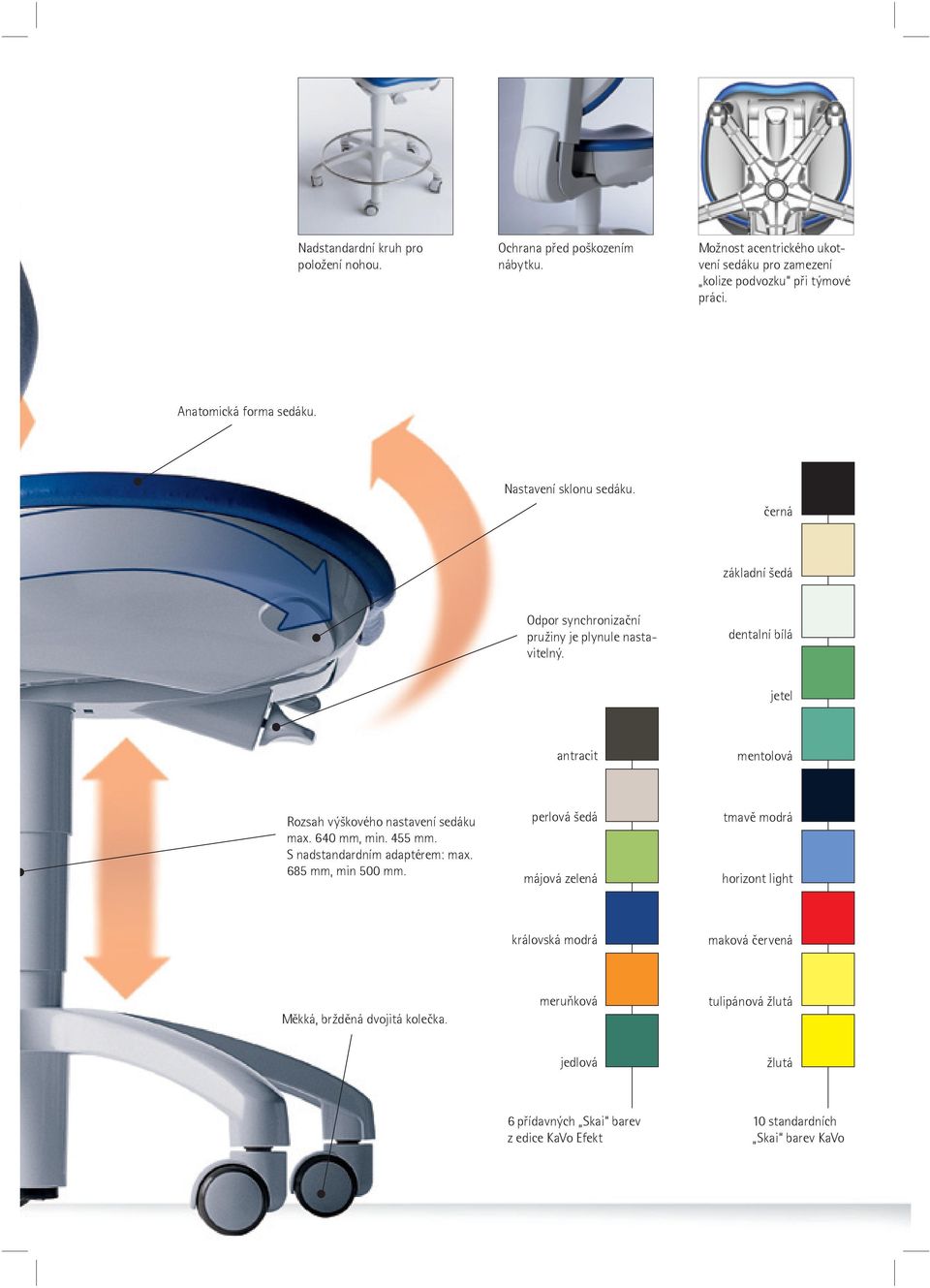 dentalní bílá jetel antracit mentolová Rozsah výškového nastavení sedáku max. 640 mm, min. 455 mm. S nadstandardním adaptérem: max. 685 mm, min 500 mm.