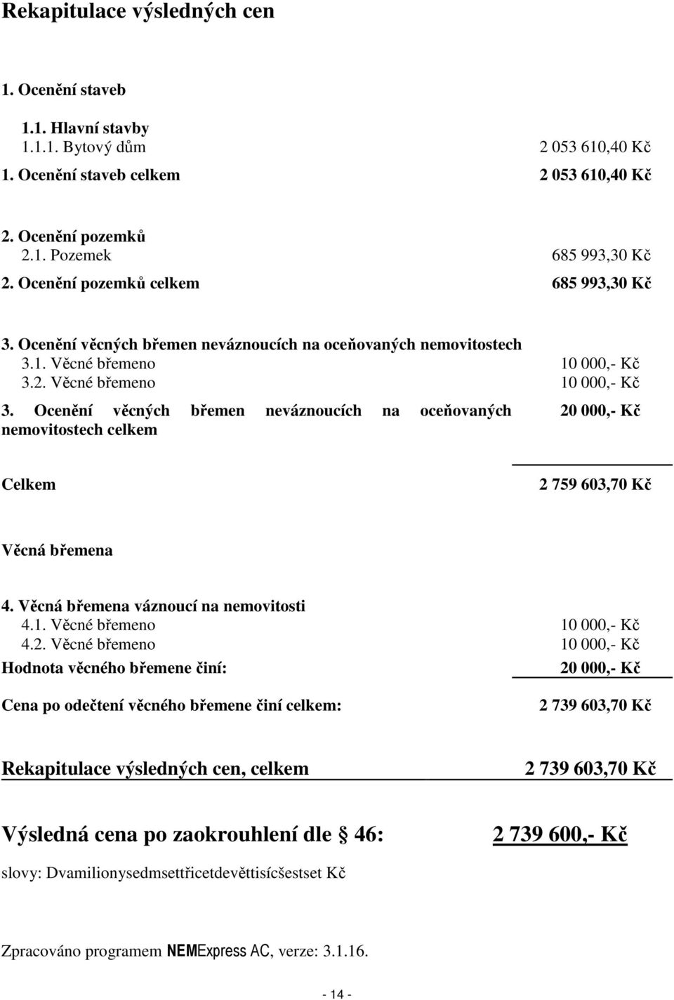 2. Věcné břemeno 10 000,- Kč 3. Ocenění věcných břemen neváznoucích na oceňovaných nemovitostech celkem 20 000,- Kč Celkem 2 759 603,70 Kč Věcná břemena 4. Věcná břemena váznoucí na nemovitosti 4.1. Věcné břemeno 10 000,- Kč 4.