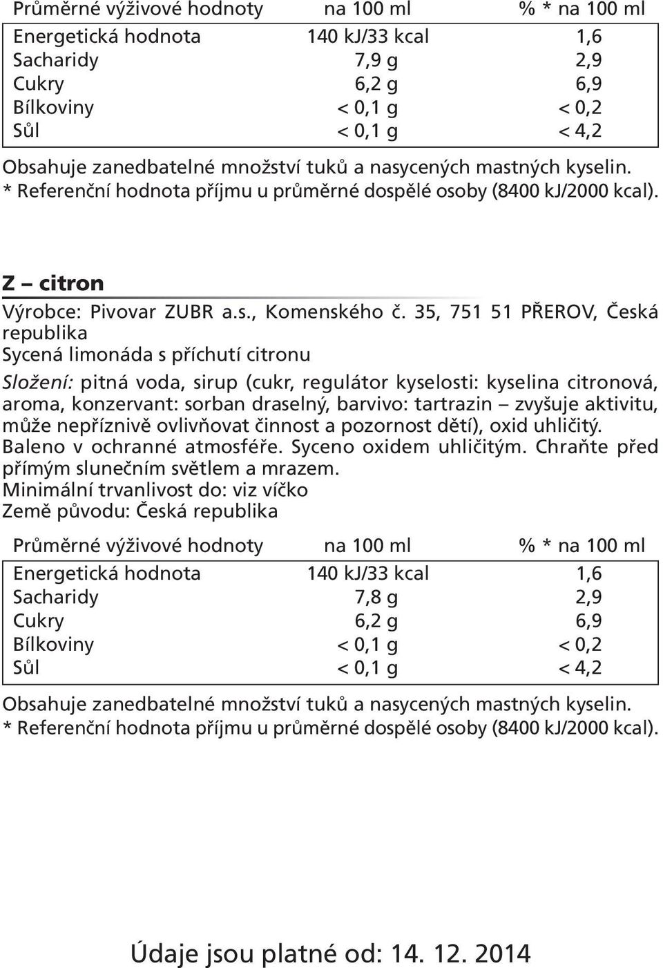 Z citron Sycená limonáda s příchutí citronu Složení: pitná voda, sirup (cukr, regulátor kyselosti: kyselina citronová, aroma, konzervant: sorban draselný, barvivo: tartrazin zvyšuje aktivitu, může