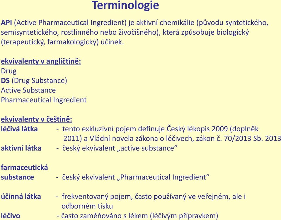 ekvivalenty v angličtině: Drug DS (Drug Substance) Active Substance Pharmaceutical Ingredient Terminologie ekvivalenty v češtině: léčivá látka - tento exkluzivní pojem definuje Český