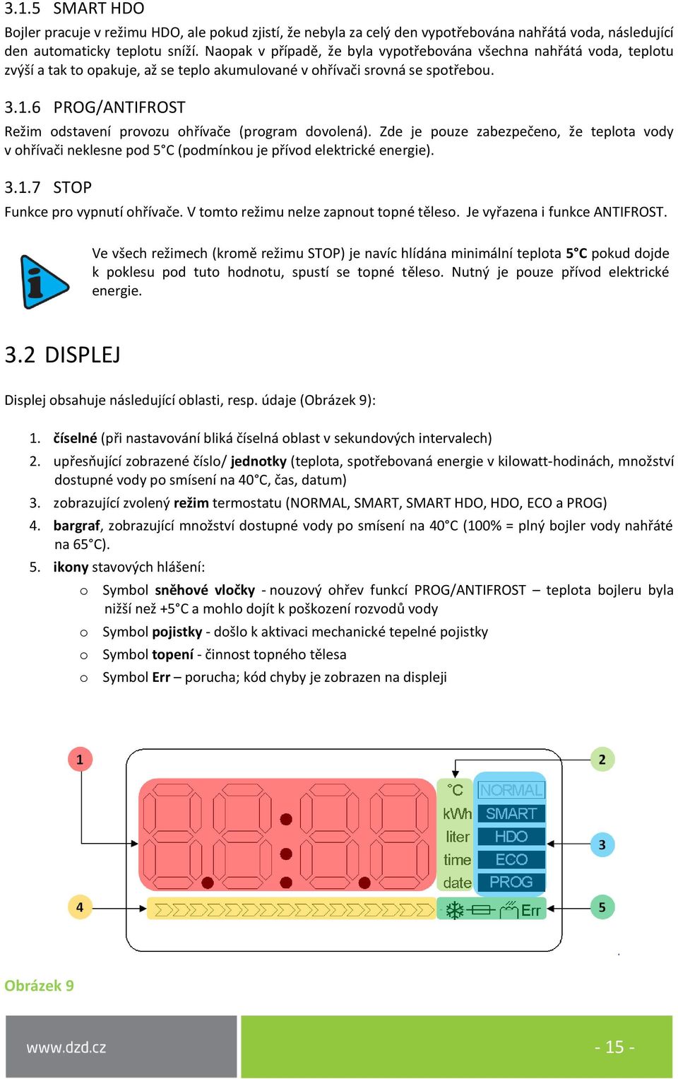 6 PROG/ANTIFROST Režim odstavení provozu ohřívače (program dovolená). Zde je pouze zabezpečeno, že teplota vody v ohřívači neklesne pod 5 C (podmínkou je přívod elektrické energie). 3.1.