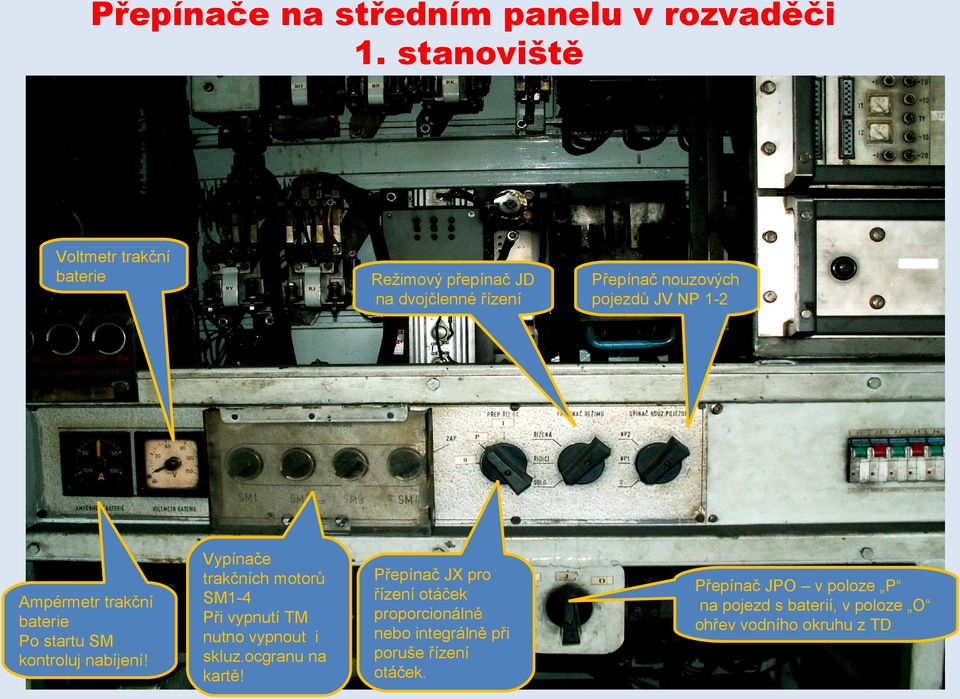Režimový přepínač JD na dvojčlenné řízení Vypínače trakčních motorů SM1-4 Při vypnutí TM nutno vypnout i skluz.