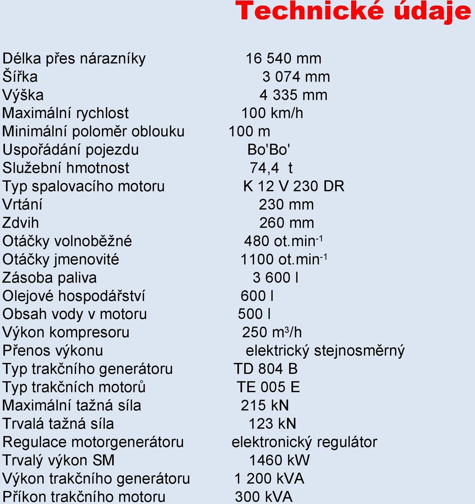 síla Trvalá tažná síla Regulace motorgenerátoru Trvalý výkon SM Výkon trakčního generátoru Příkon trakčního motoru 16 540 mm 3 074 mm 4 335 mm 100 km/h 100 m Bo'Bo' 74,4 t K 12