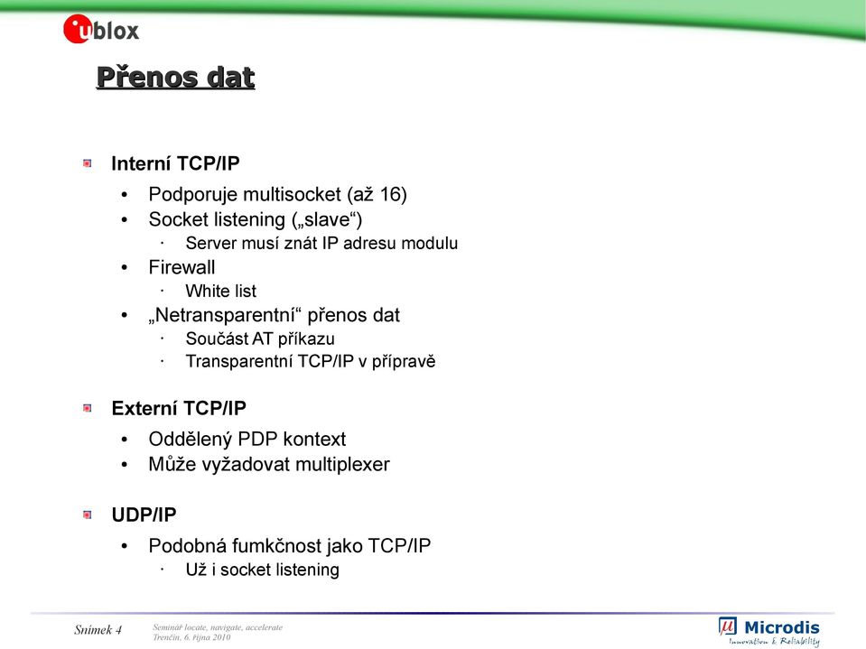 Součást AT příkazu Transparentní TCP/IP v přípravě Externí TCP/IP UDP/IP Oddělený PDP